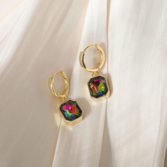 18K Yellow Gold with Vitrail Medium Crystal Dangling Octagon Huggie Earrings - Picture 2 of 7